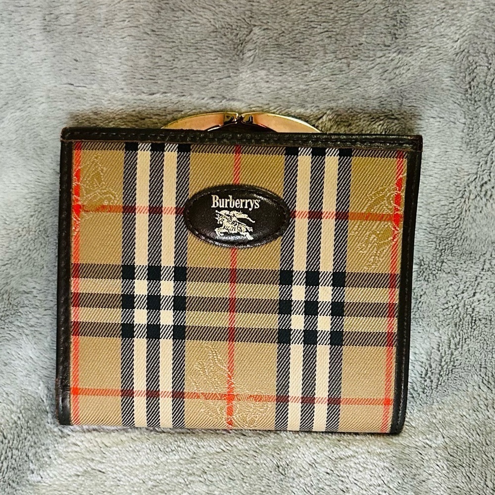 Burberry Vintage Unisex Brown Leather Classic Plaid Bifold Kiss Style Wallet